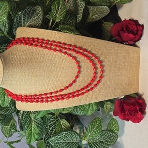 Red Glass Beaded Multistrand Necklace, Vintage